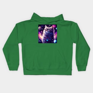 A majestic cat in outer space, surrounded by celestial bodies like stars, planets, and galaxies. Kids Hoodie